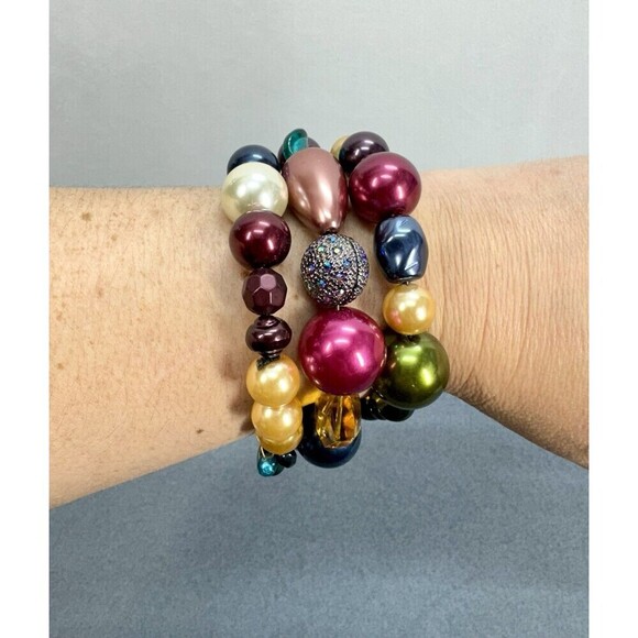 Chicos Stretch Gemstone Bracelet 3 Layers Beaded Bauble Multicolor Chunky Beads - Picture 3 of 8